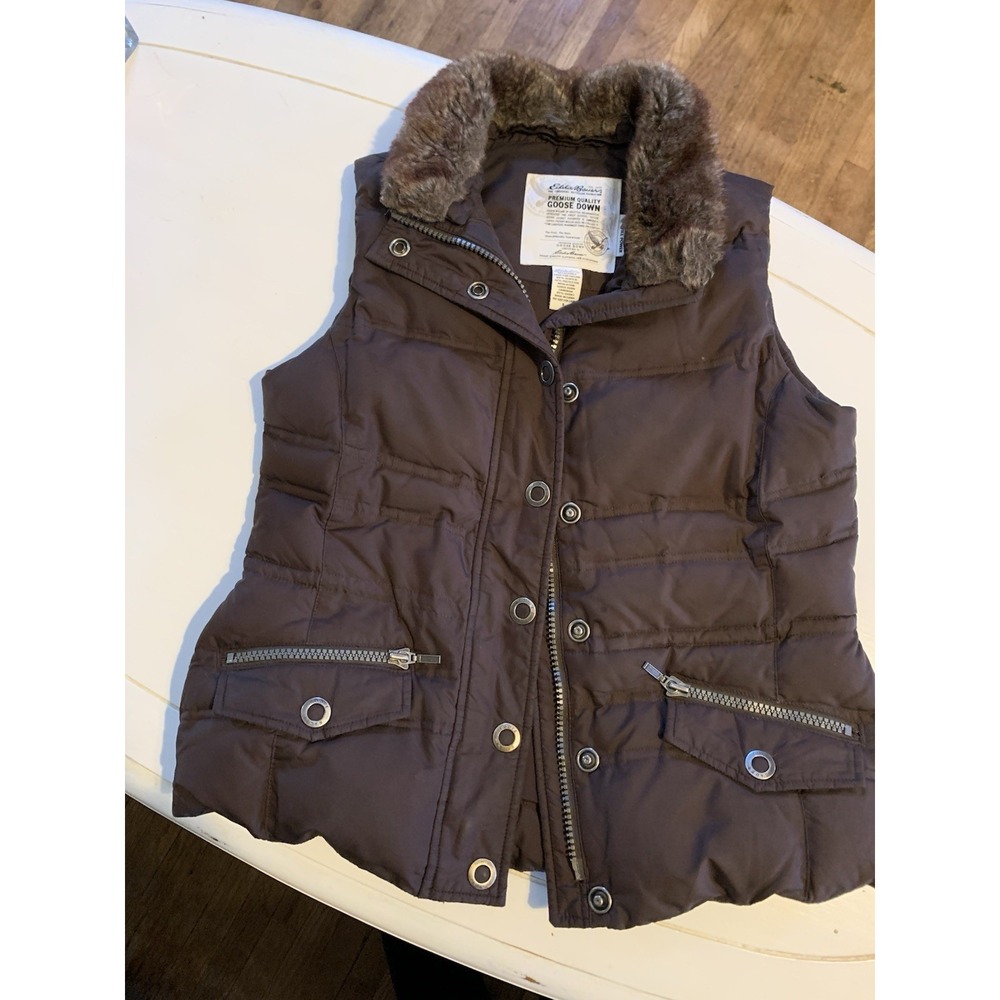 Eddie Bauer‎ Goose Down Faux Fur Collar Zip Snaps Pockets Size S Vest